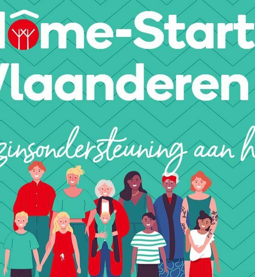 Logo van organisatie Home-Start die gezinsondersteuning aanbiedt en diverse gezinnen toont op een groene achtergrond