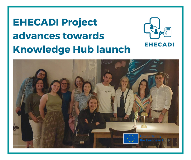EHECADI advances towards Knowledge Hub Launch. Image of 11 project partners stood in a line by a table smiling at the camera.